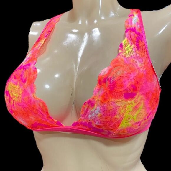 Victoria’s Secret Pink Unlined Plunge Lace Bralette Bra Coral Multicolor Small - Picture 1 of 8